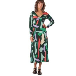 SKFK Irantzu Green Print V-Neck Long Sleeve Midi Dress Size 6 Reg. $139 NWT